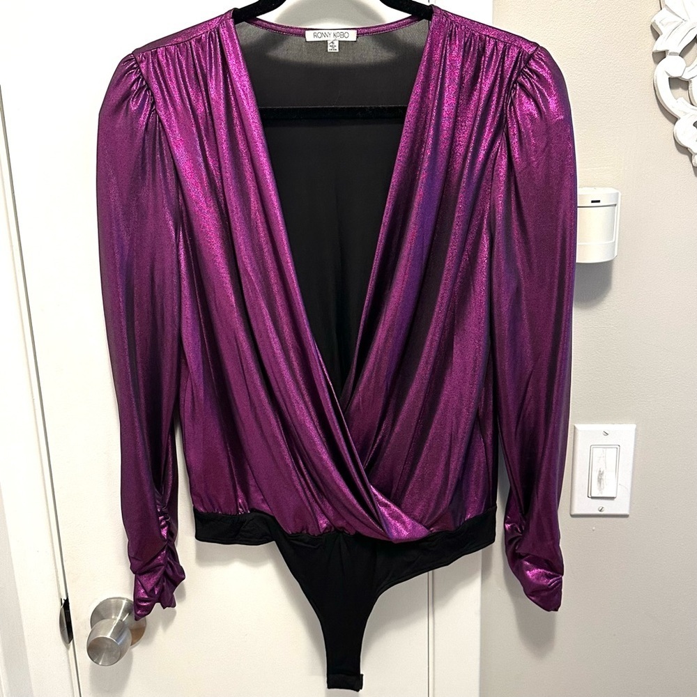 Ronny Kobo Jewel Toned Metallic Purple Bodysuit S Deep V-neck Draped Long Sleeve